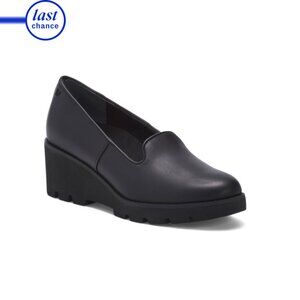 VIONIC Black Leather Willa Comfort Wedge Flats